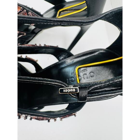 GUCCI Charlotte Black Leather Pink Crystal Jeweled Strappy Sandals Pump EU 39.5 - Picture 7 of 11